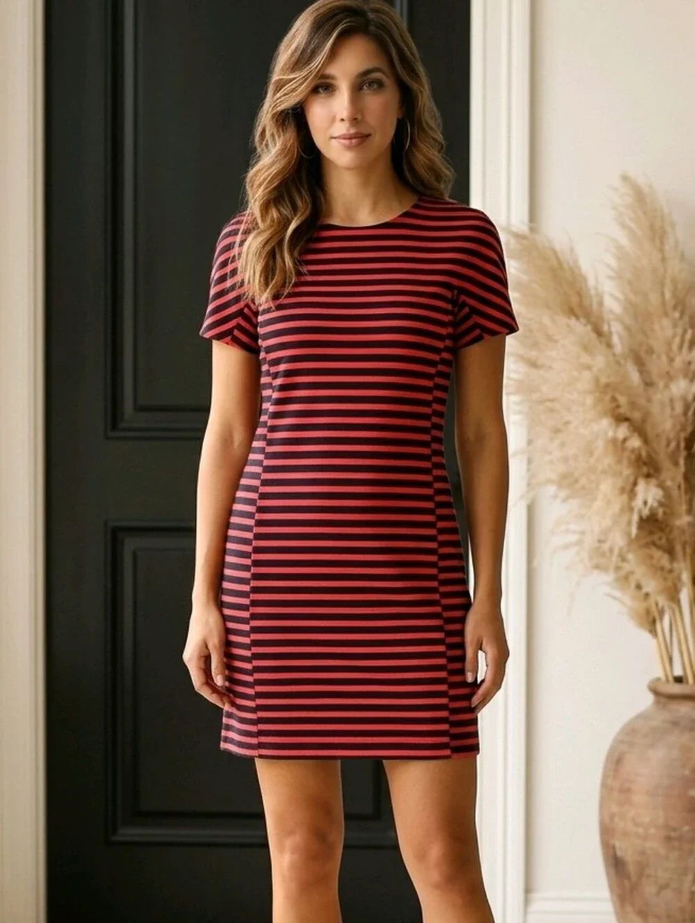 J.Crew Rugby Stripe Dress Medium Red Navy T-Shirt Dress Preppy Gold Zip